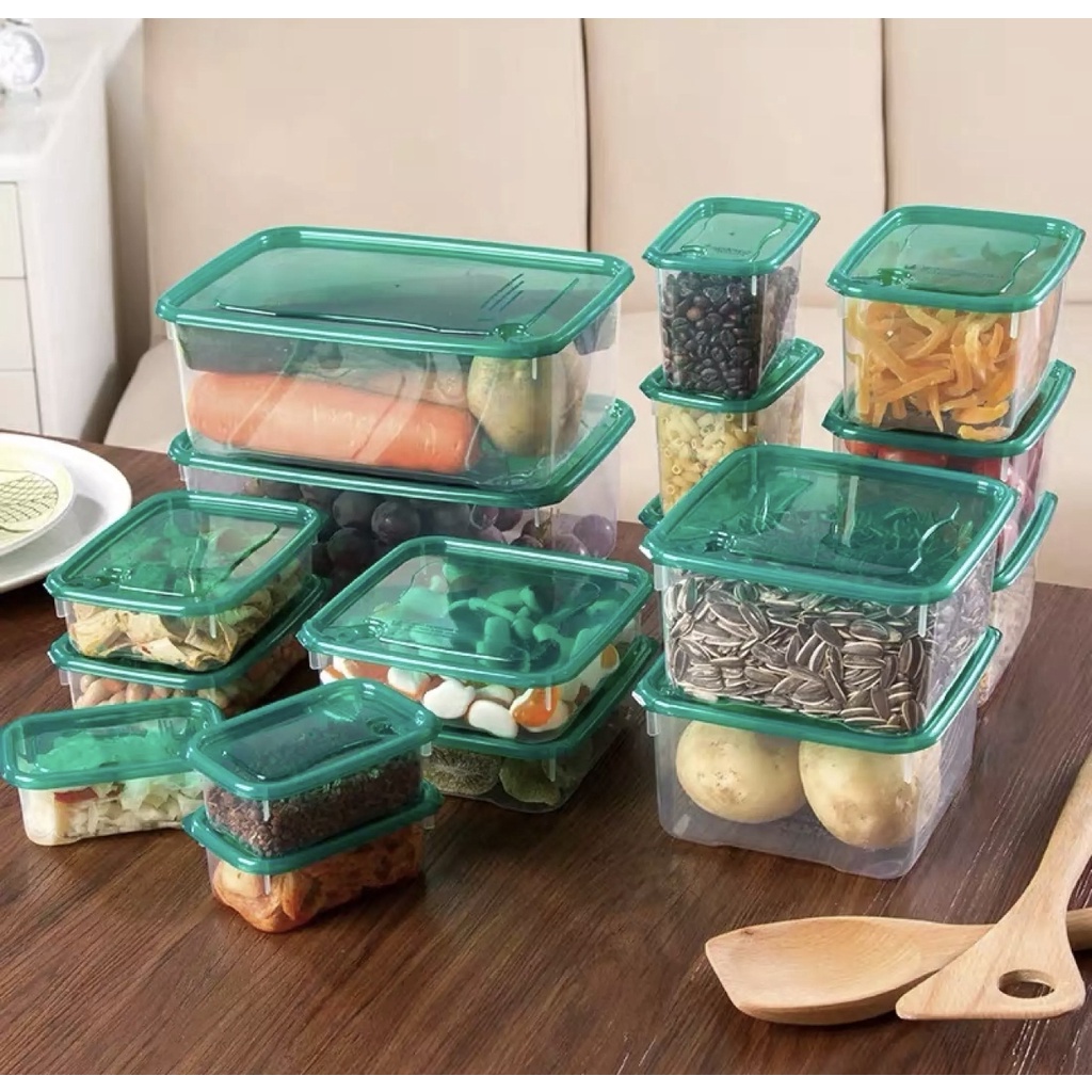 17pcs/set Refrigerator Food Container Plastic Microwave Food Storage Box  Kitchen Lunch Organizer, Green