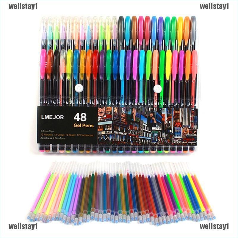 48pcs/Set Glitter Sketch Drawing Color Pen Markers Gel Pens Set Refill  Rollerball Pastel Neon Marker Office School Stationery