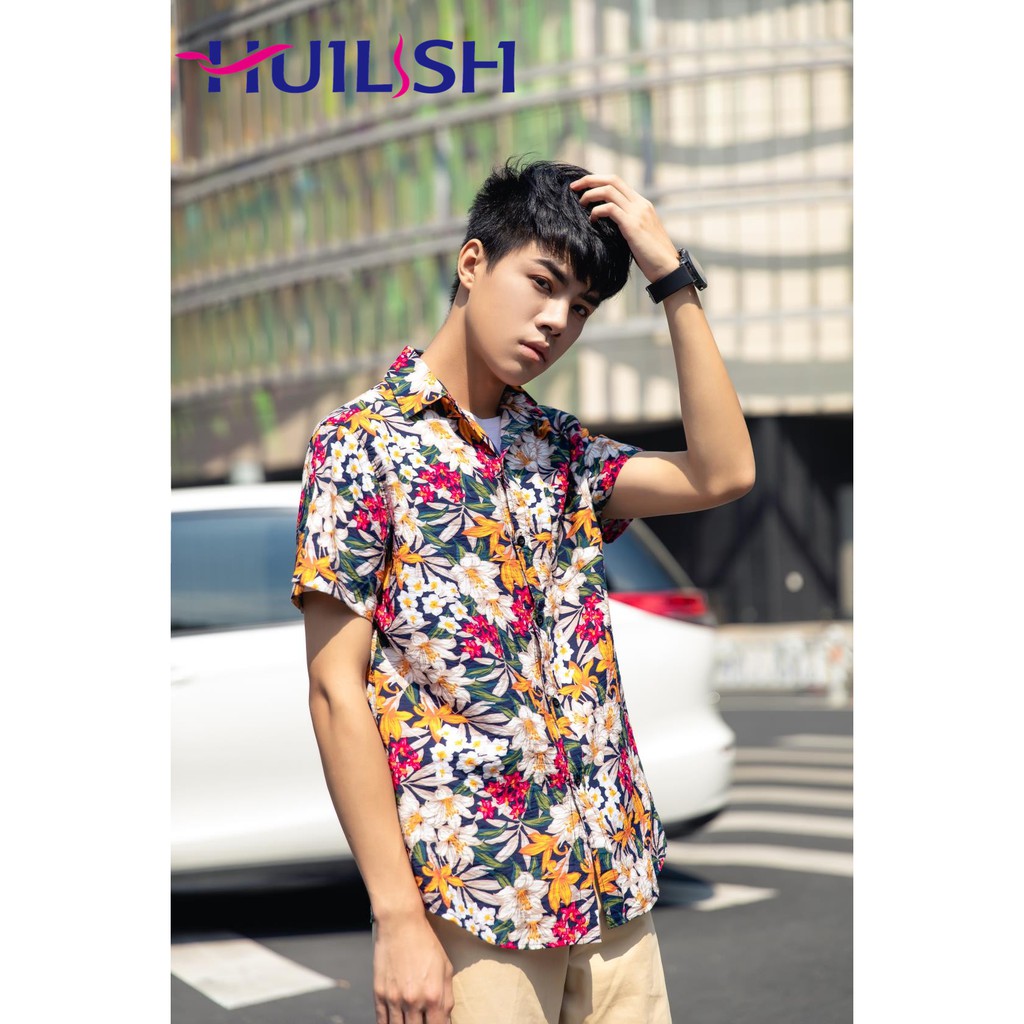 Huilishi Men Short-Sleeved Shirt Floral Shirt Hawaiian polo