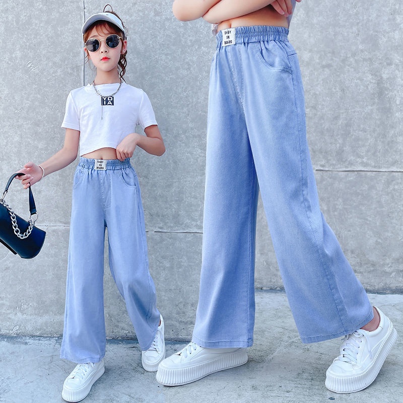 Kids Girls Pants Wide Leg Jeans Pants Cowboy Denim Trouser High Waist Pants