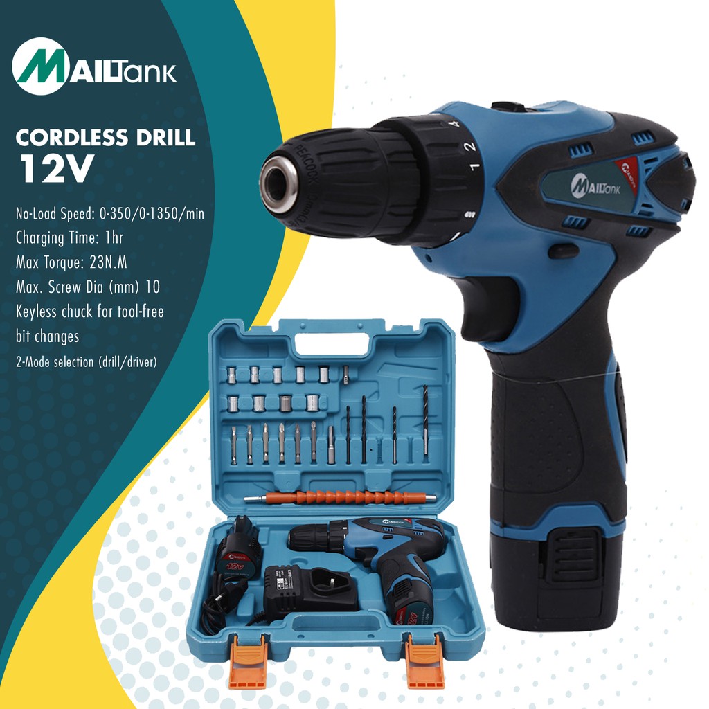 MAILTANK SH191 Cordless Drill with 2 lithium ion 12V batteries