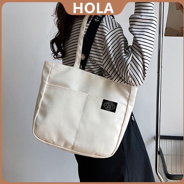 Hola Double Pockets Korean New Fashion Canvas Tote Bag Casual Shoulder Bags  With Zipper For Women | Shopee Philippines