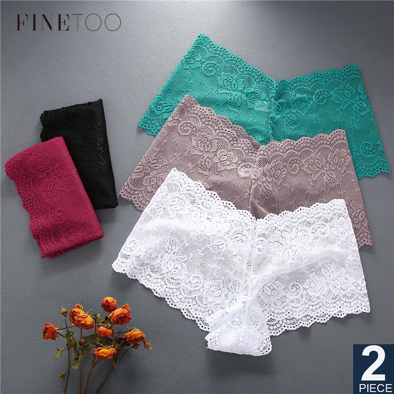 Finetoo 2 Pcs/Set High Waist Panty Women Floral Lace Brief S-Xl