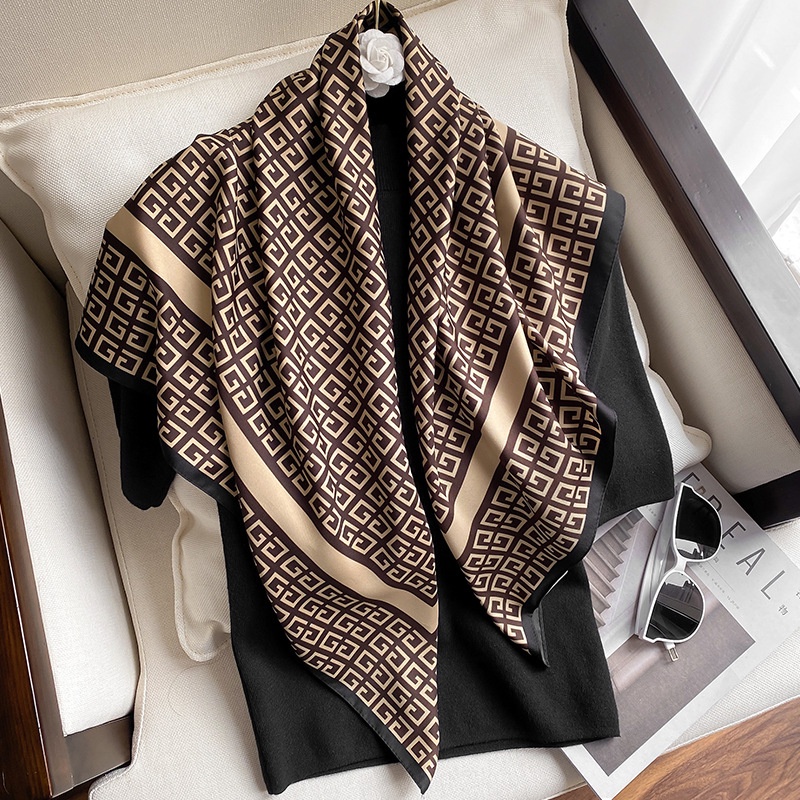 SILK MONOGRAM FOULARD 90X90CM in Camel/Black