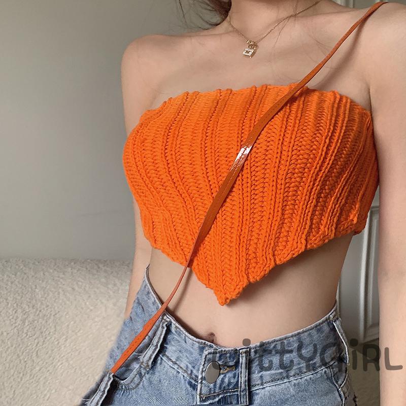 Korean Style Sexy One Side Shoulder Ribbed Knitted Crop Top Ladies Tube Top  Sando Bralette