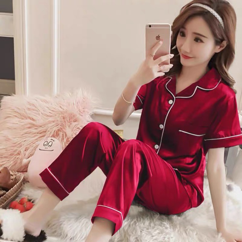 QQS 2020 Korean silk short sleeve cute plain comfortable pajamas