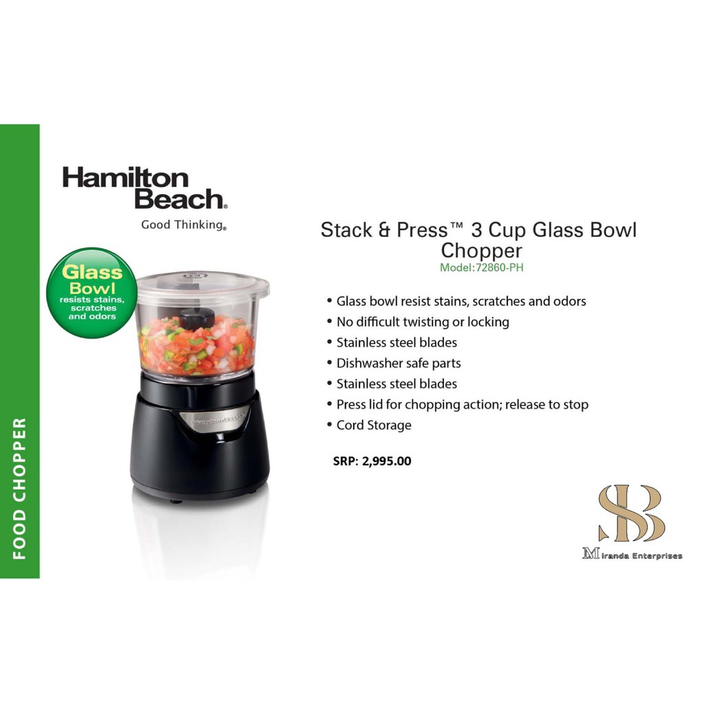 Hamilton Beach Stack & Press 3 Cup Glass Bowl Chopper Model# 72860 