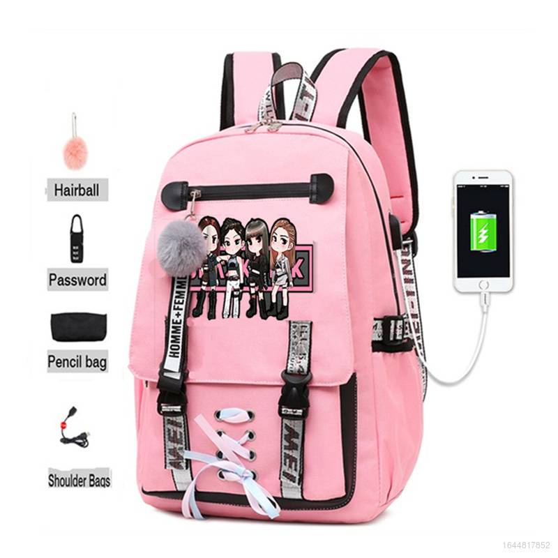 school bagpack BLACKPINK Cartoon Women Backpack USB Port Student
