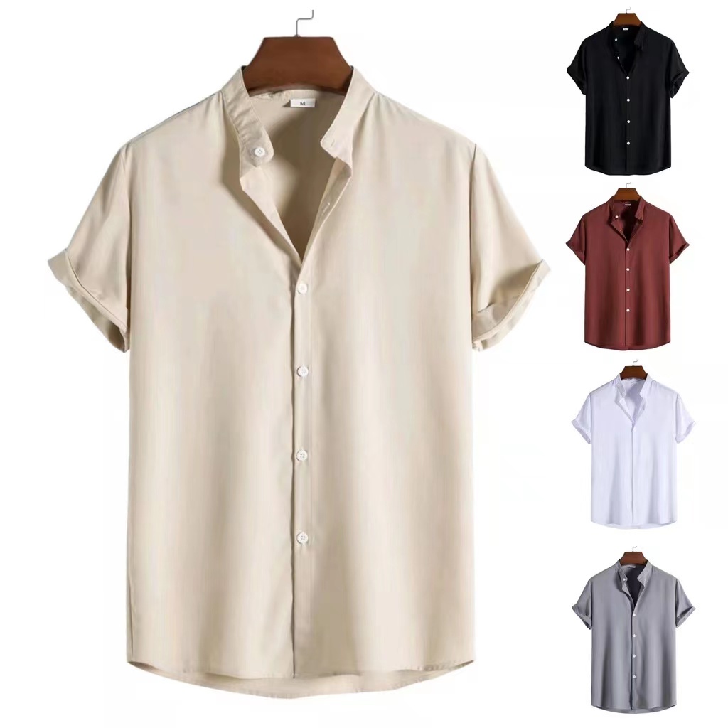 Chinese Collar Polo for Men Long/Short Sleeves Full Buttons Cotton Korean  Shirt