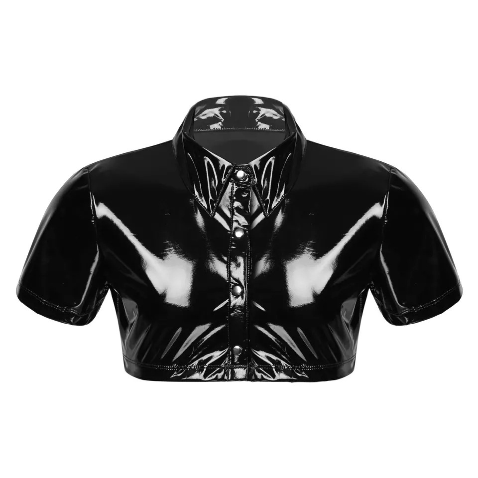 Thoshine Brand Men Patent Leather Shirts Shiny Half Length Short Sleeve  Sexy PVC Leather T-Shirts Glossy Tops