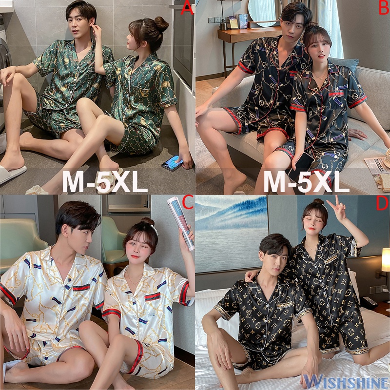 Korean Fashion Plus Size M-5XL Men Women Couple Silk Satin Pyjamas Set  Short Sleeve Pajamas Male Female Sleepwear
