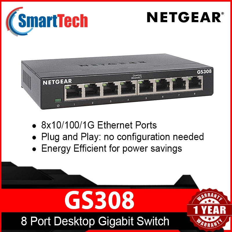 Netgear 8 Port Gigabit Ethernet Switch Unmanaged GS308