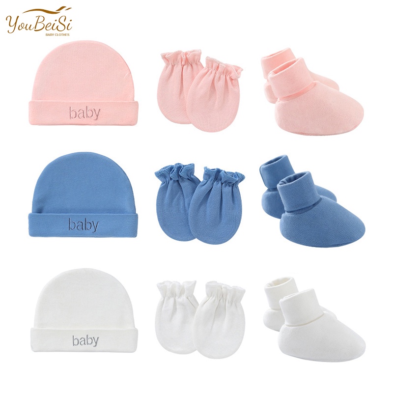 3 in 1 Double Cotton Newborn Baby Hat Mittens Booties Anti