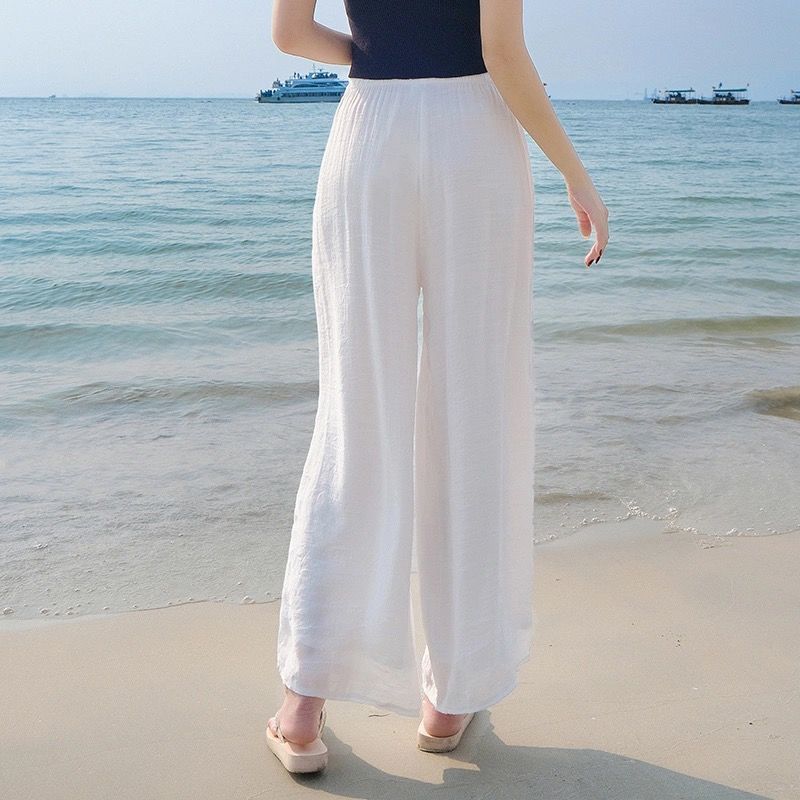 Women's New Style Summer Thin Pants Loose High Waist Wide Leg Pants White