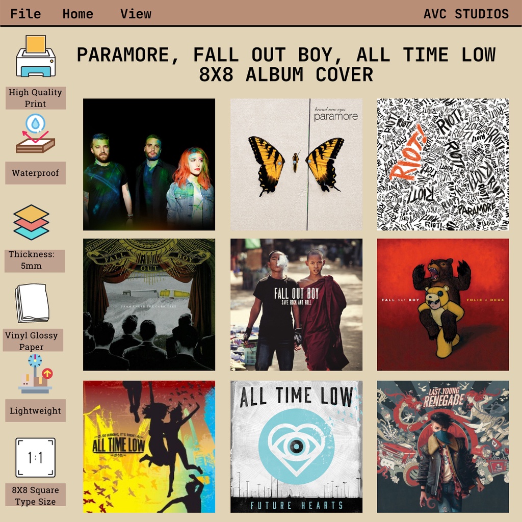 PARAMORE, FALL OUT BOY & ALL TIME LOW 8X8 Album Cover Sintra Board