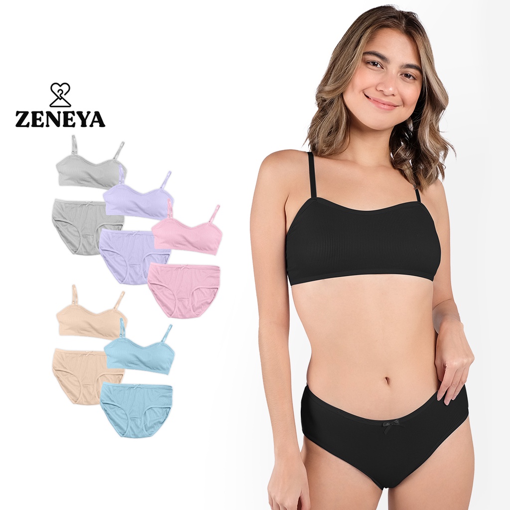 Set of 2) Zeneya Plain Ribbed Bra and Panty Set Terno For Women Bralette Cotton  Panties Undies