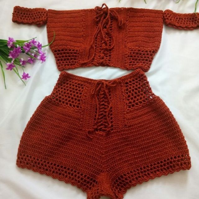 Conjunto Crochet Top Y Short Fuchsia – Lila Alta Costura, 44% OFF