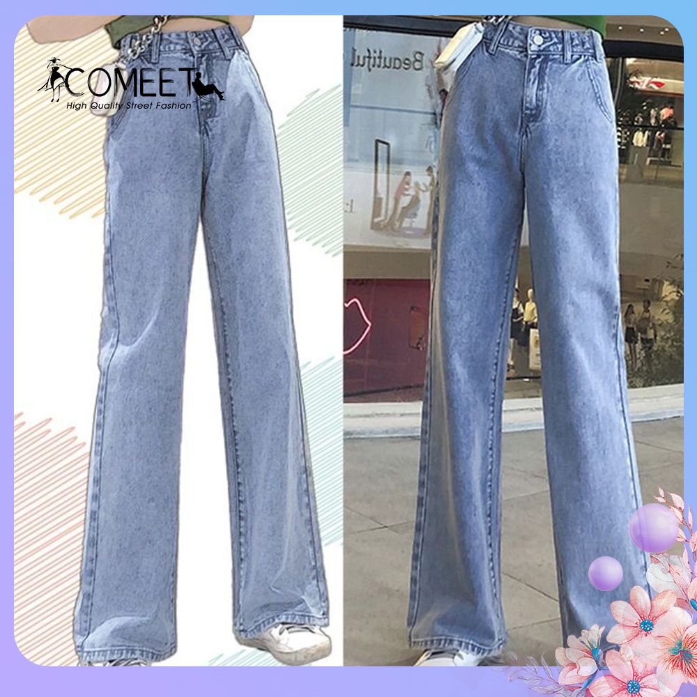 Jeans Women Solid Color Large Pocket Loose High Waisted Button