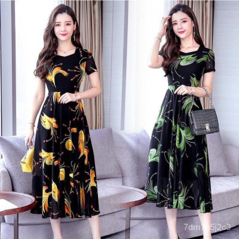 Summer New Korean Style Large Size Short Sleeve Floral Dress Mid