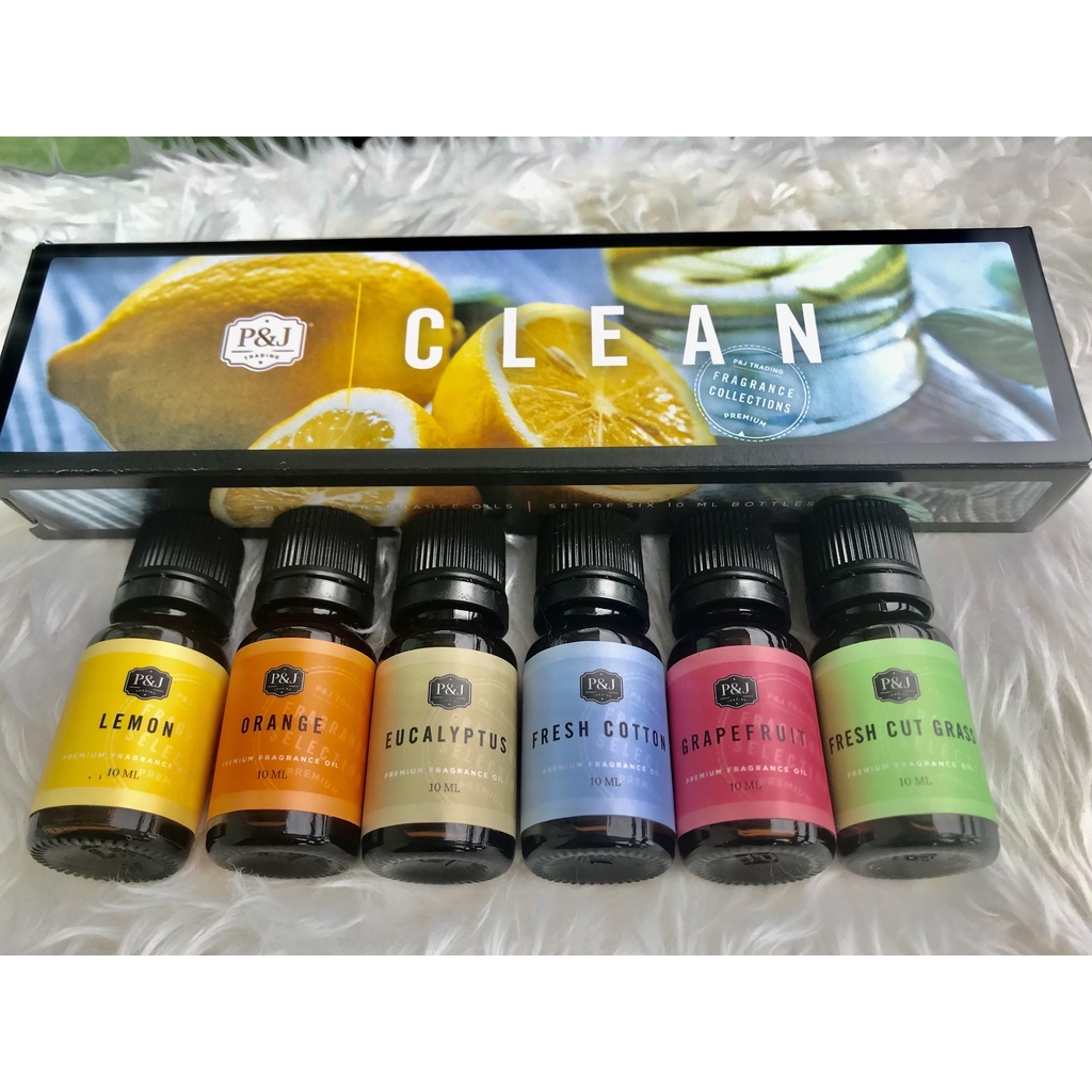 Clean Set of 6 Premium Grade Fragrance Oils - Fresh Cotton, Lemon, Orange, Grapefruit, Fresh Cut Grass, Eucalyptus - 10ml