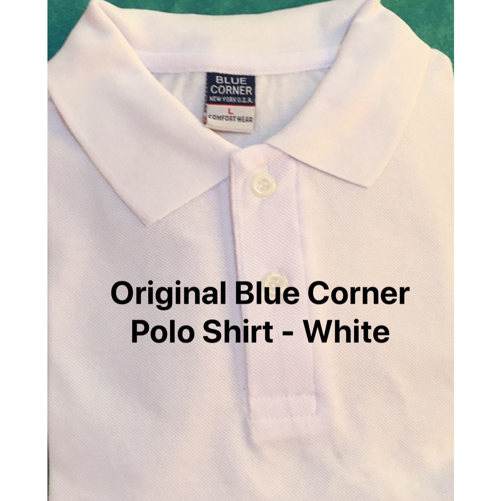 Blue corner clearance white polo shirt