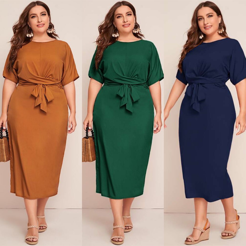 A2548 Uyua Bowknot Front Plain Plus Size Dress Shopee Philippines