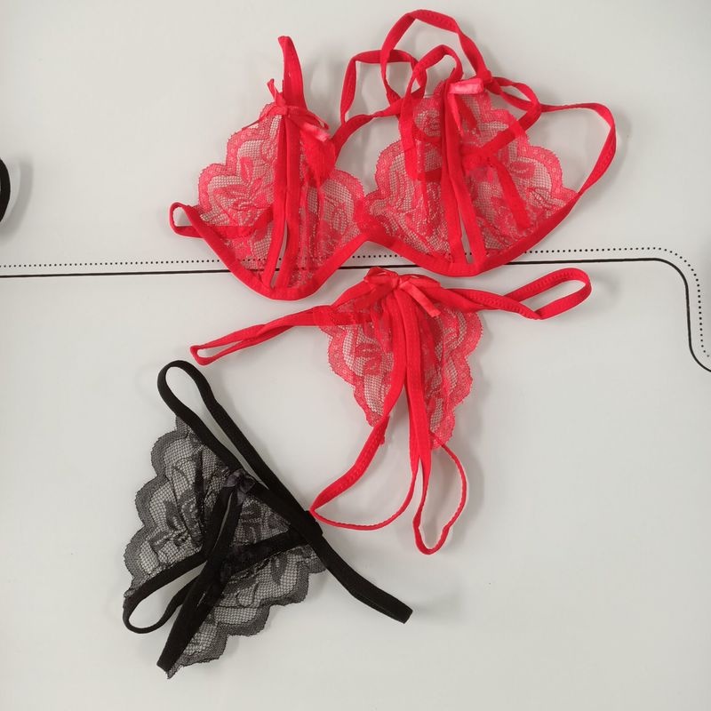 Women Lace Bra Set Lingerie G-String Crotchless Nightwear Sheer Underwear 