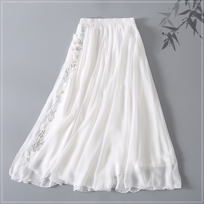 Large size gauze skirt mid-length white fairy mesh skirt spring and autumn  slimming drape hip-covering lace pleated skirt