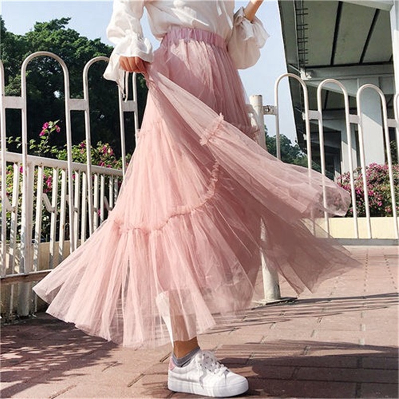 Korean Fashion Women's Mesh Skirt Long Tulle Skirt Tutu Maxi Skirt