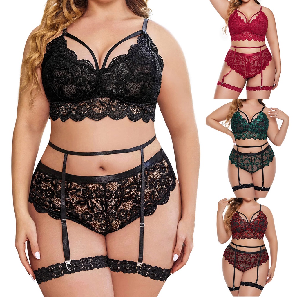 Plus Size Sexy Women Floral Lace Scallop Trim Lingerie Set Temptation  Babydoll Underwear Bra Panties Underpants Sleepwear Suit