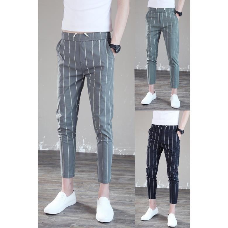 Jeans/trousers/skinny fit pants`Social Smart Guy Casual Pants Men's  Korean-Style Slim Fit Cropped Skinny Pants Fashion Trendy Vertical Striped  Pants Summer