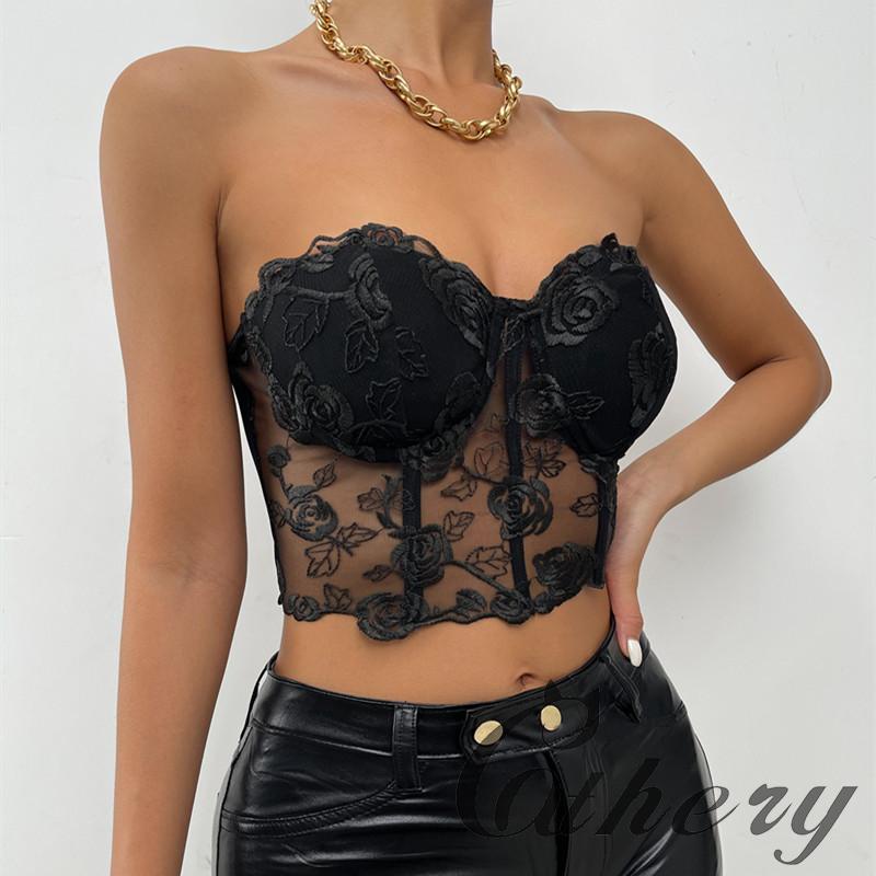 CAT-2022 New Embroidery Flower Lace Tube Tops Women Sleeveless