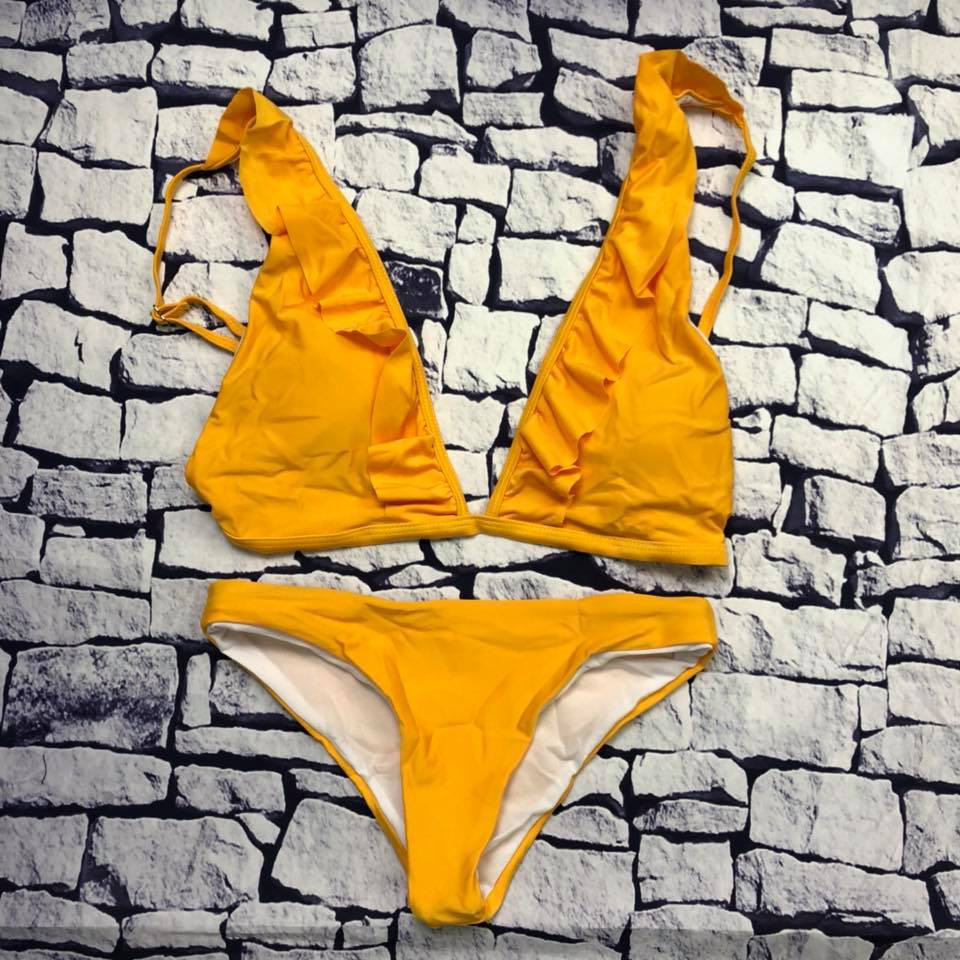 Two piece bikini v neck ruffles x MUSTARD YELLOW swimsuit Shopee