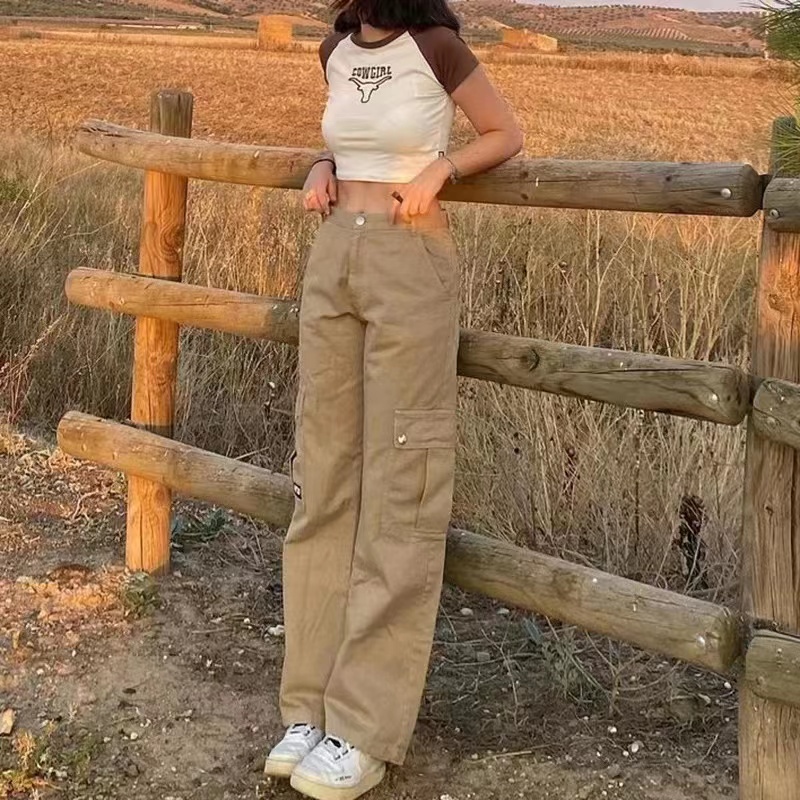 Vintage Khaki Baggy Jeans Women Korean Style Denim Pants Retro Belt Wide Leg  T