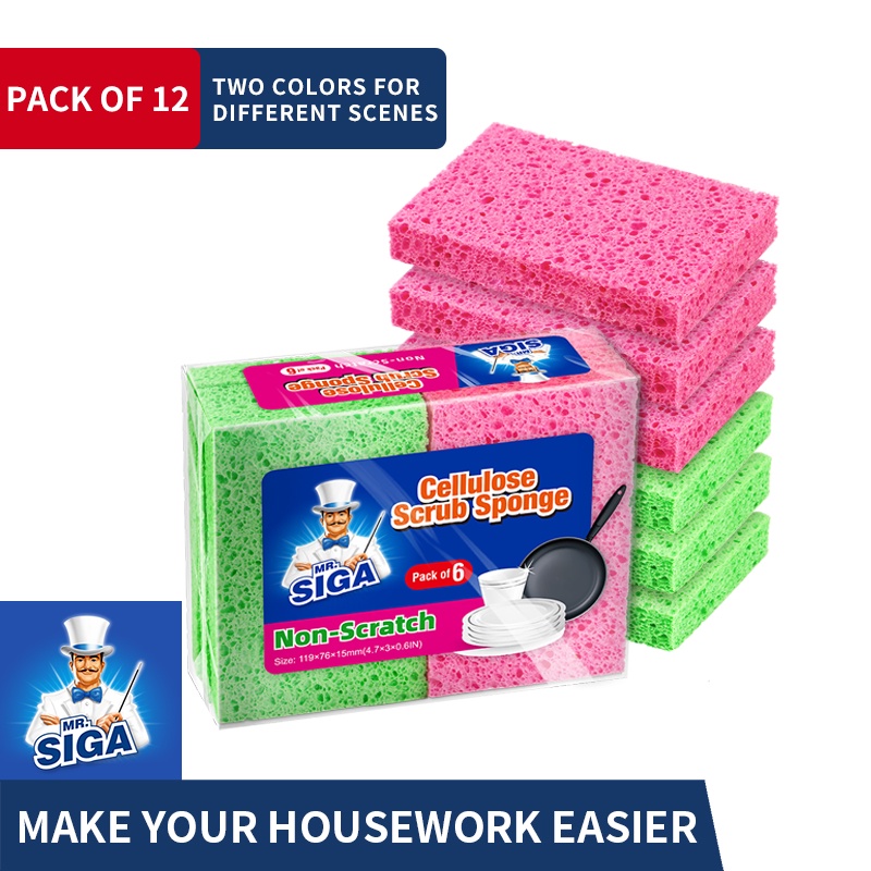 MR.SIGA Non-Scratch Cellulose Scrub Sponge, Dual-Sided Dishwashing