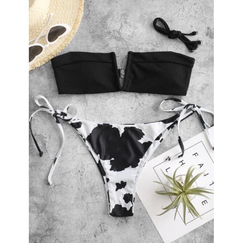 Authentic Zaful Black and White Cow Print Wired Bandeau High