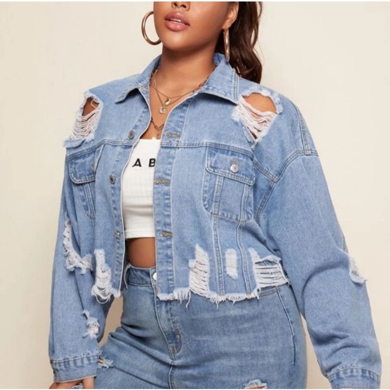 Ripped denim jacket plus on sale size