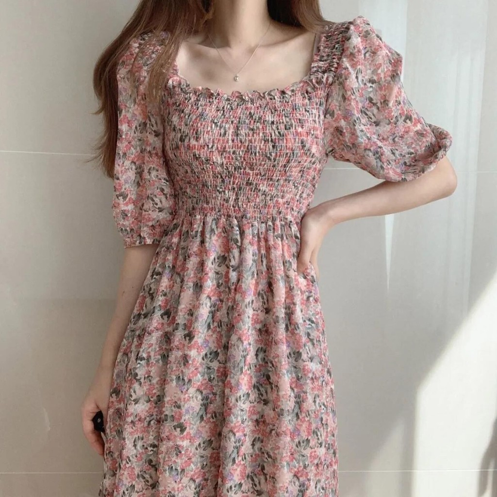 Female Summer Floral Chiffon Dress Lady Sweet Belll Sleeve Knee