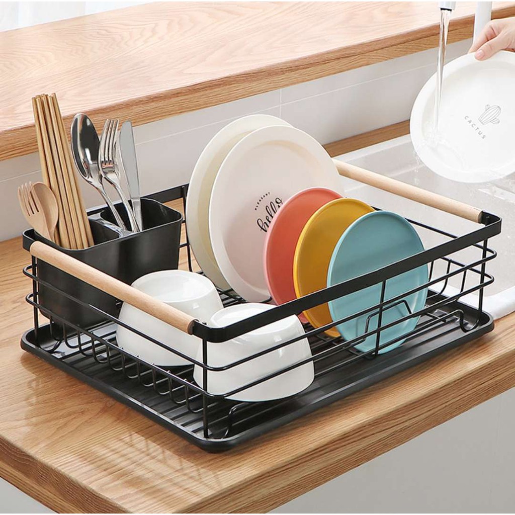 mDesign Dish Drying Rack with Wood Handles