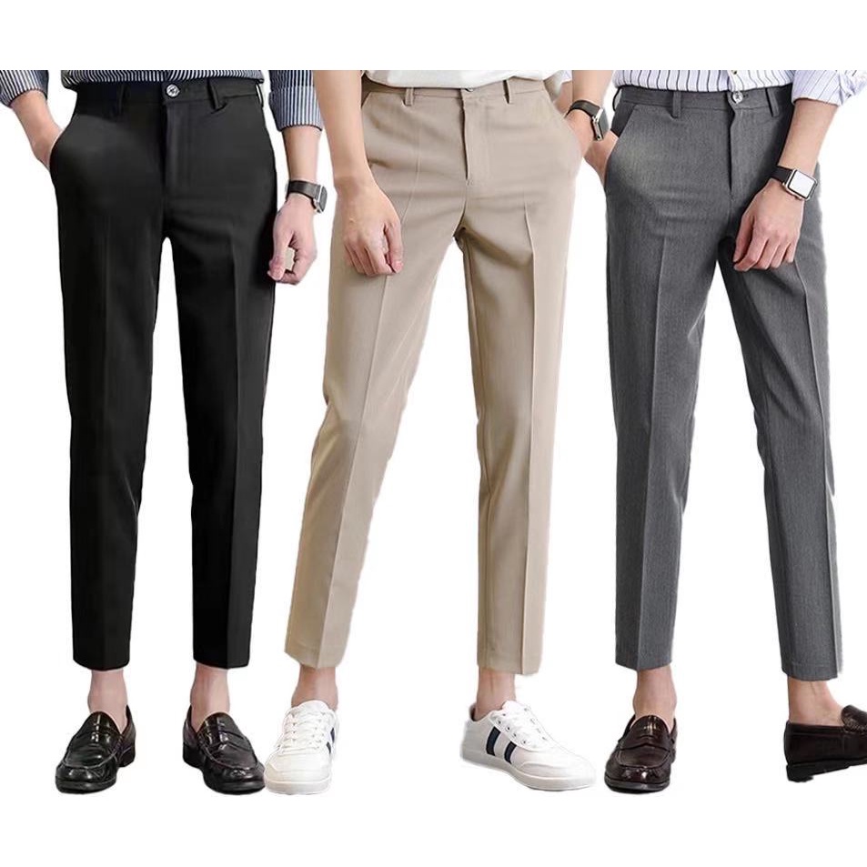 Korean Mens Formal Striped Cropped Pants Slim Fit Dress Business Pencil  Trousers