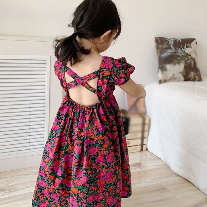 Floral Printed Puff Sleeve Girls Dress 2-8 Years Old Kids Backless Sweet  Summer Loose Casual Dress