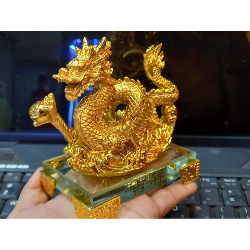 Brass Dragon Statue, Chinese Golde Feng Shui Figure for Wealth and Success,  Collectable Lucky Gift, 6.5 L