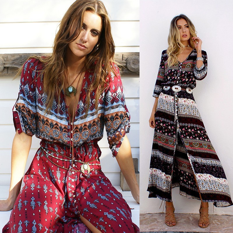 Bohemian Floral Sexy Deep V neck Beach Hippie Maxi Dress Shopee