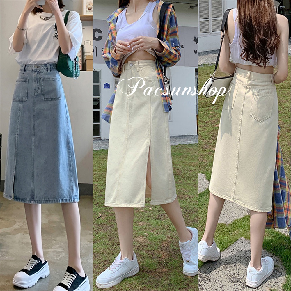 Denim skirt shop outfit korean