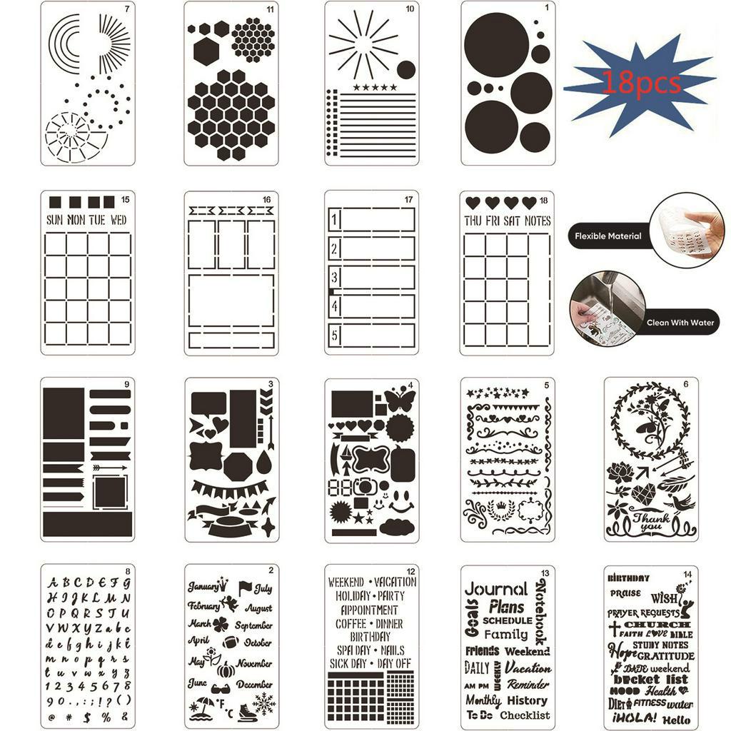 20 Pcs Journal Stencil Plastic Planner Set for Journal Notebook Diary Scrapbook DIY Drawing Template Journal Stencils 4x7 inch
