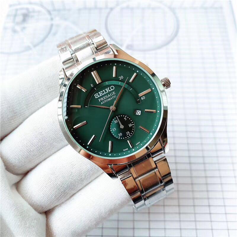 Seiko Emerald Green Calendar Watch Men Quartz Steel Strap