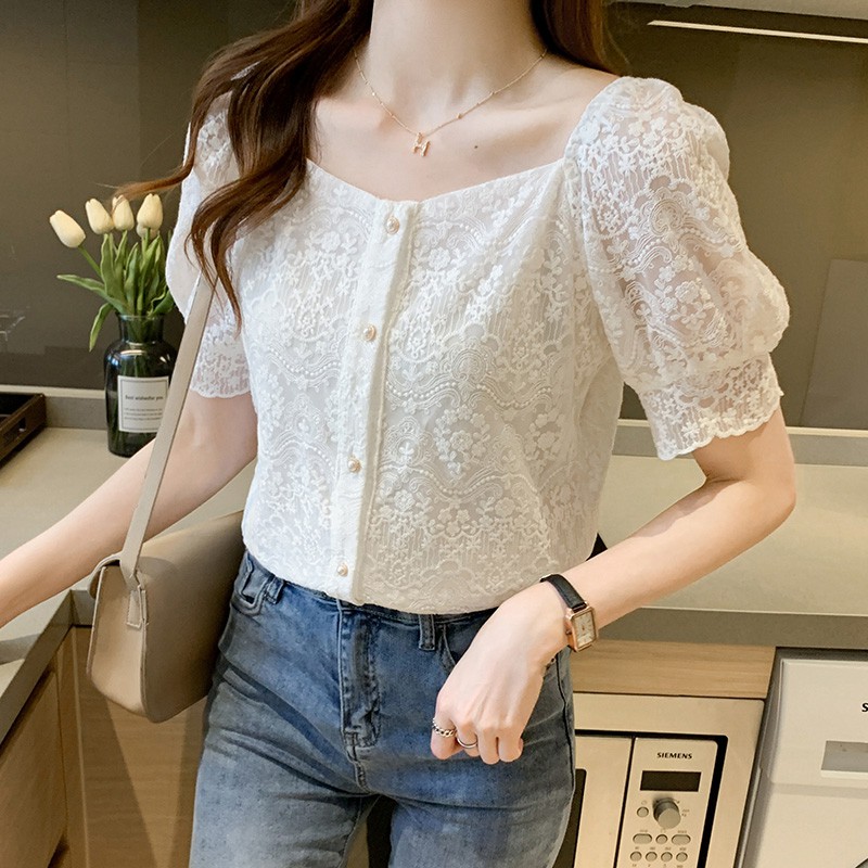 Square Collar Crochet Lace Korean Style Blouse Women Summer Short Sleeve  Cute Casual Shirt White