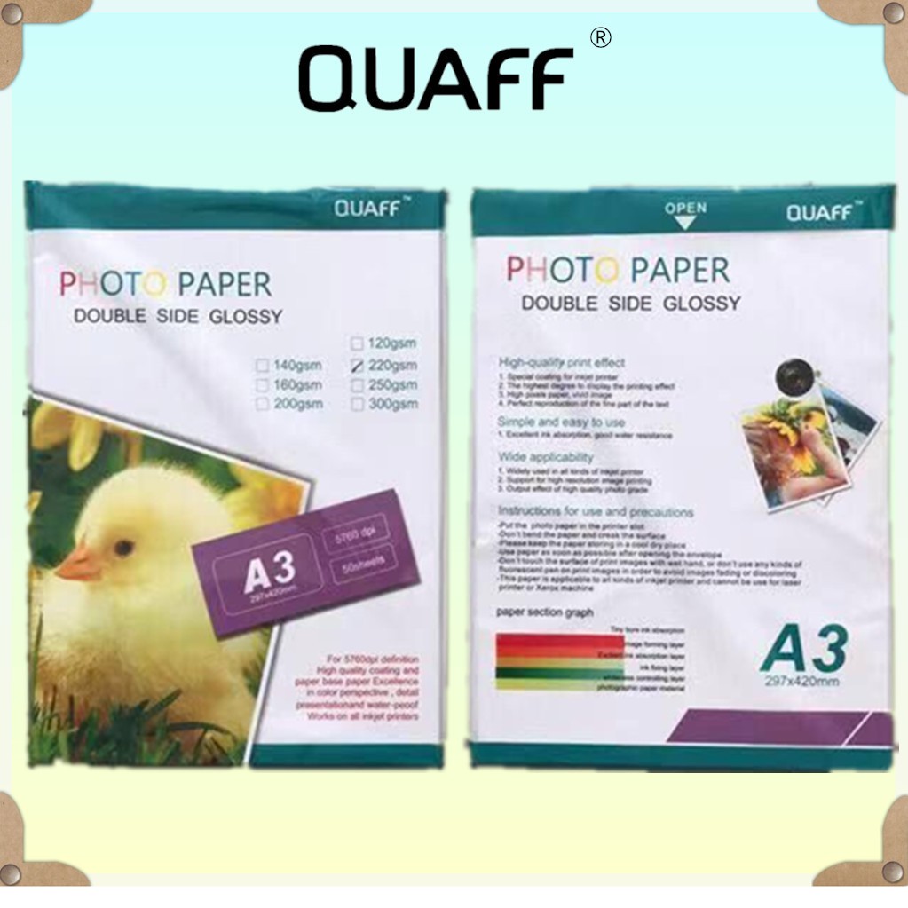 Double side photo paper A3 120/140/160/200/220/250/300 Gsm 50 Sheets QUAFF  Brand