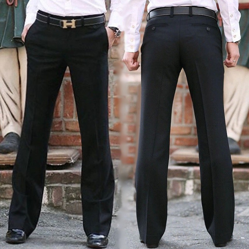 Men Bell Bottom Pants Flared Formal Dress Trousers Slim Office Work Casual  Plain