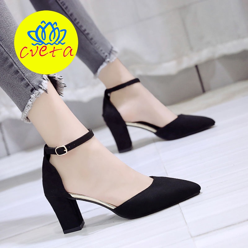 Korean style fashion Closed sandals pointed toe block heels with strap for women